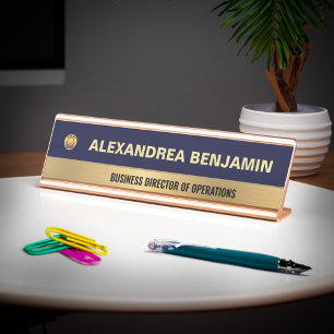 Business Employee Logo Gold Blue Modern Custom Desk Name Plate