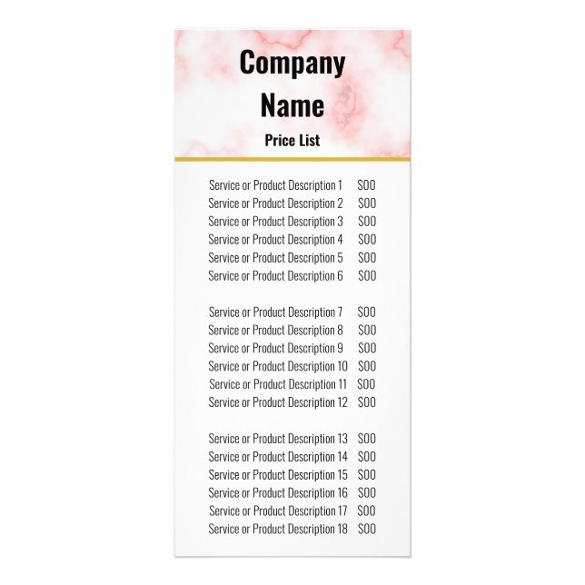 Business Faux Pink Marble Price List Template Rack Card (Front)