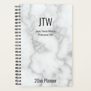 Business Faux White Marble Name Monogram Job Title Planner