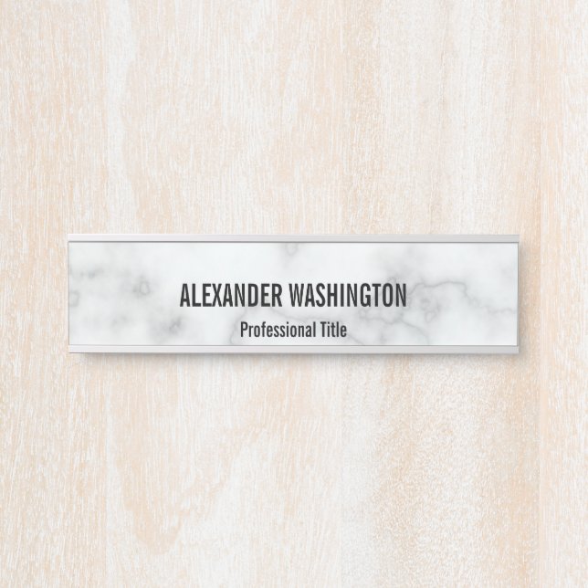Business Faux White Marble Name Professional Title Door Sign (Front)