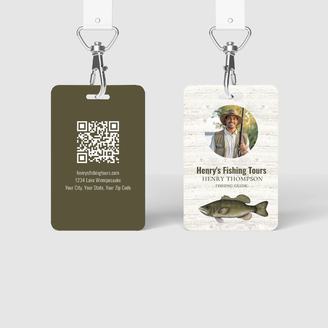Business Fishing Resort QR Code Photo Badge (Fishing guide photo and QR code badge ID)