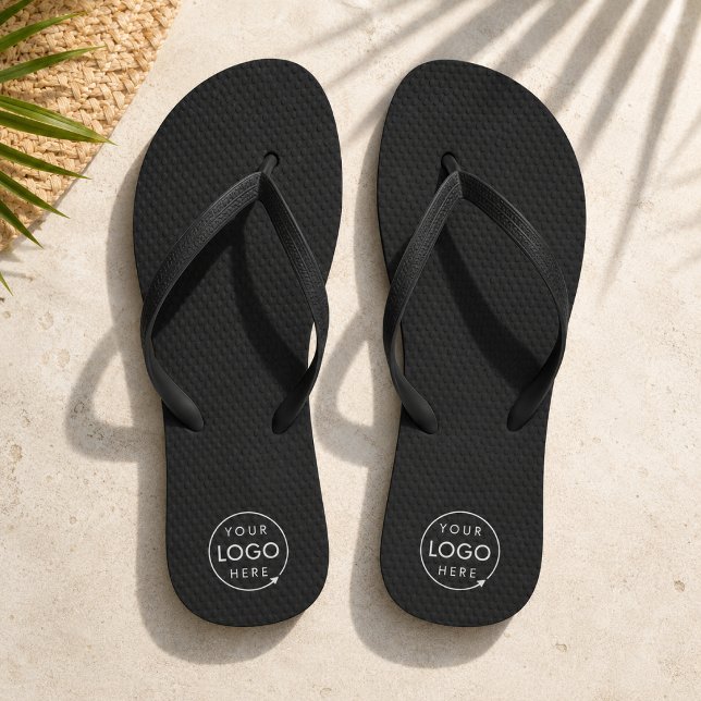 Business Flip Flops | Logo Black Pool Beach Shoes (Sleek branded pool shoes for service brands, staff gifts, trade shows, and giveaways.)