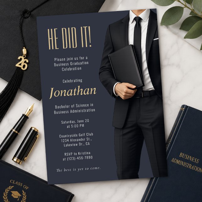 Business Graduation Celebration Invitation (Elegant business graduation invitation with a modern luxury editorial portrait style.)