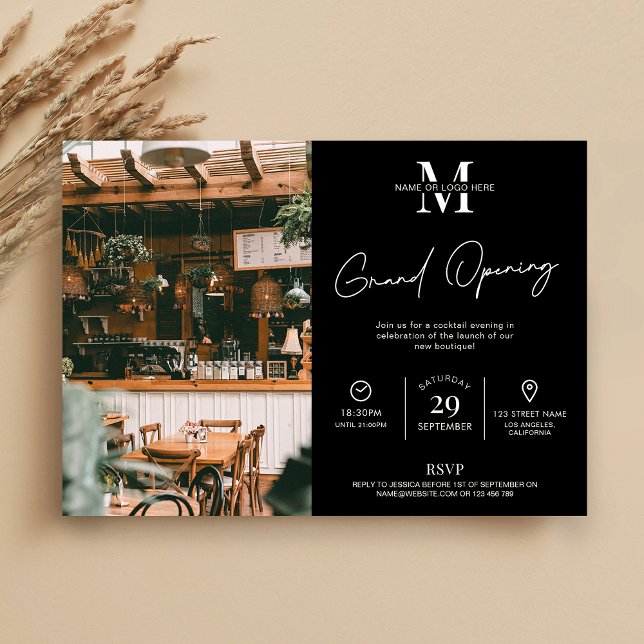 Business Grand Opening Black Logo Minimalist Photo Invitation (Modern Black & White Business Launch Event Invitation with space for one photo)
