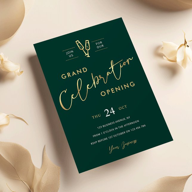 Business Grand Opening Chic Emerald Green & Gold Invitation (Elegant and chic emerald green and gold business grand opening invitation)