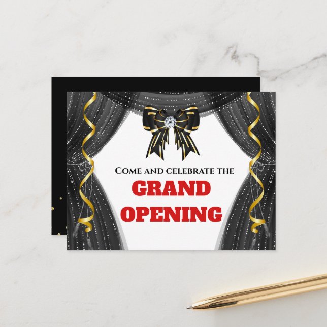 Business grand opening gold black curtain bow VIP Announcement Postcard (Front/Back In Situ)