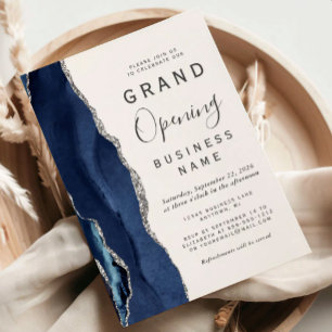Business Grand Opening Navy Blue Silver Agate Invitation