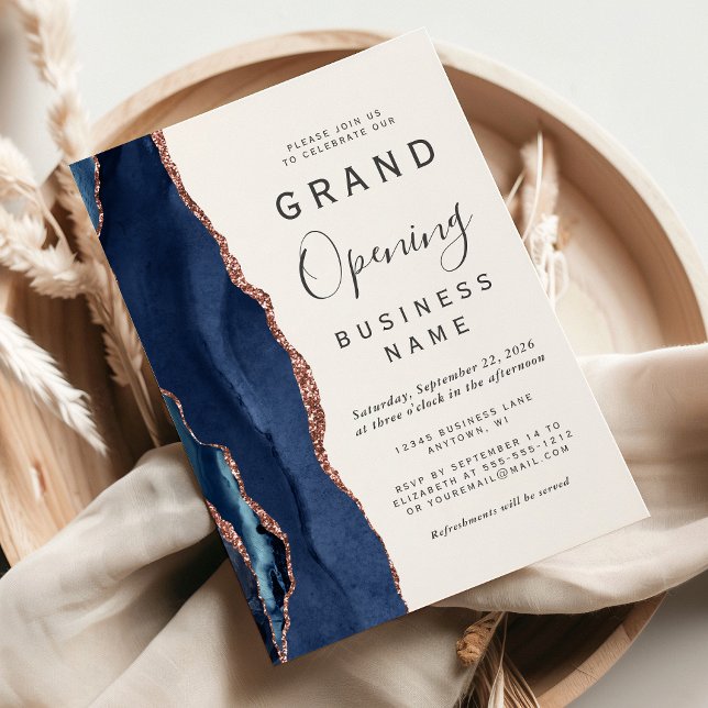 Business Grand Opening Navy Rose Gold Agate Invitation (Creator Uploaded)