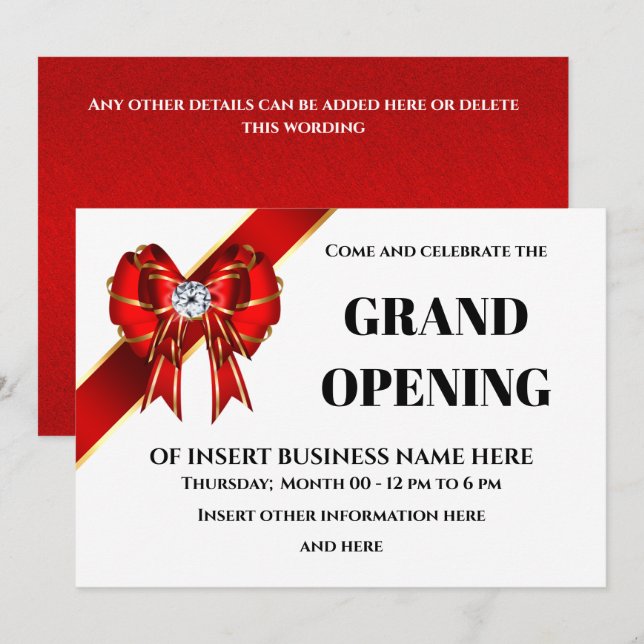 Business grand opening red bow ribbon VIP guests Save The Date (Front/Back)