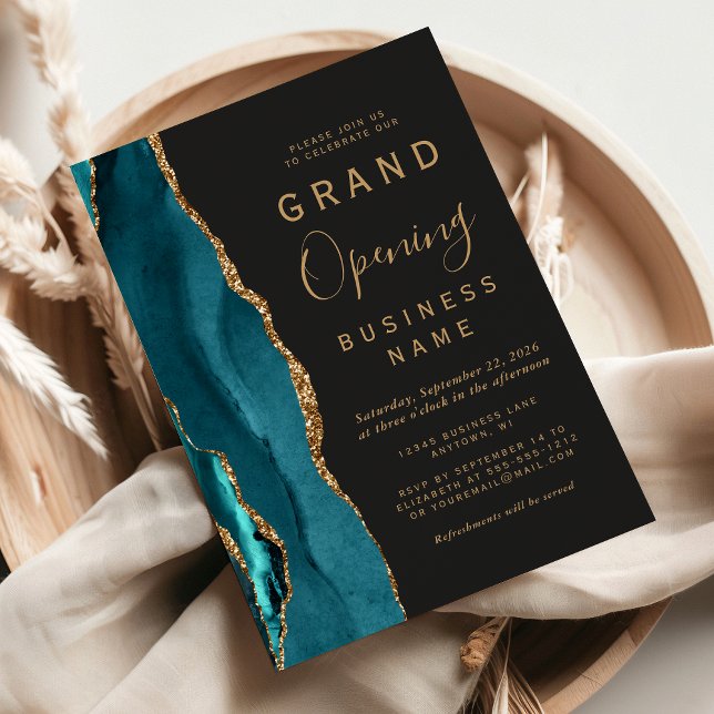 Business Grand Opening Teal Gold Agate Dark Invitation (Creator Uploaded)