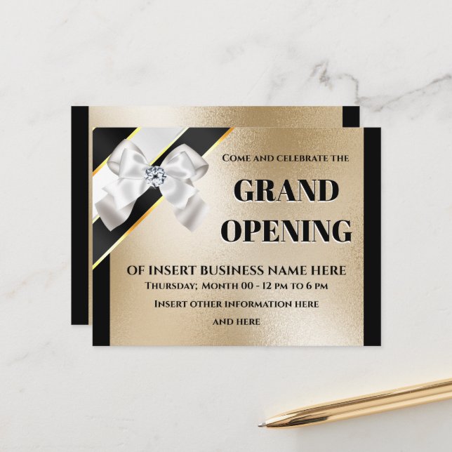 Business grand opening white bow gold black VIP Announcement Postcard (Front/Back In Situ)