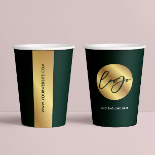 Business Green & Gold Logo Branded Company Event Paper Cups