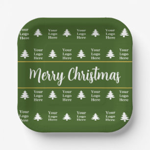 Business Green White Merry Christmas Trees Logo Paper Plate