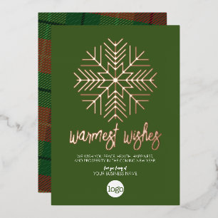 Business Greeting Green Plaid Warmest Wishes Rose Foil Holiday Card
