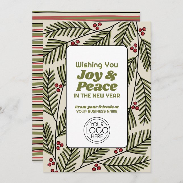 Business Greeting Joy & Peace Whimsical Branches Holiday Card (Front/Back)