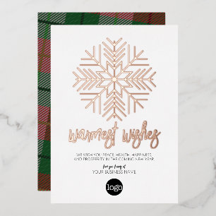 Business Greeting White Plaid Warmest Wishes Rose Foil Holiday Card