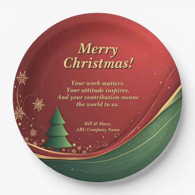 Business Group Name Message Red Christmas Party 9" Paper Plate (Front)