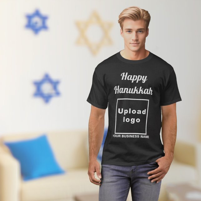Business Hanukkah Greeting on Black T-Shirt (Hanukkah greeting, business name and logo on black t-shirt)