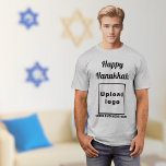 Business Hanukkah Greeting on Grey T-Shirt<br><div class="desc">Happy Hanukkah! Wishing you joy, peace and blessing this festival of lights. Holiday to celebrate this December and to advertise also your business. Grey t-shirt with Hanukkah greeting, your business name and logo. T-Shirt that you can include in your promotional products, giveaway items or gifts to your customers or clients...</div>