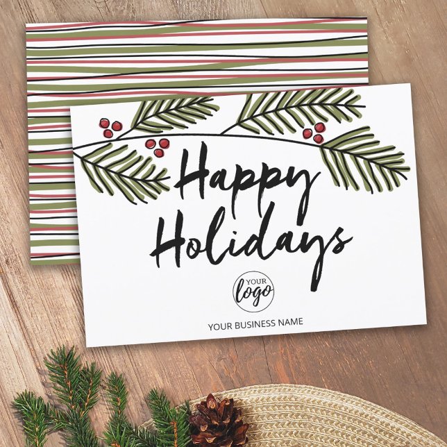 Business Happy Holiday Rustic Pine Tree Branches Card (Corporate Holiday Card - Modern Rustic Design with Pine Branches - Add Logo)