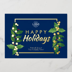 Business Happy Holidays Blue Real Gold Foil Card