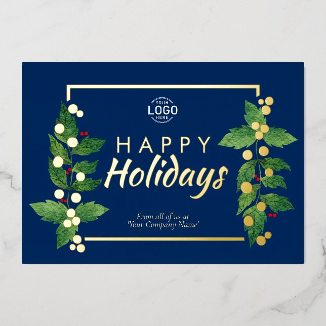 Business Happy Holidays Blue Real Gold Foil Card (Front)