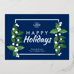 Business Happy Holidays Blue Real Silver Foil Card