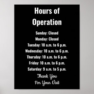 Business Hours of Operation Black & White Template Poster