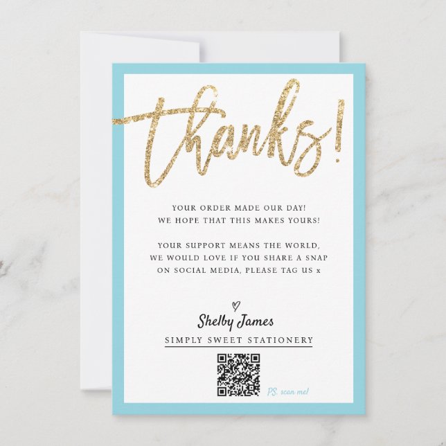 BUSINESS INSERT modern chic glitter script blue Thank You Card (Front)
