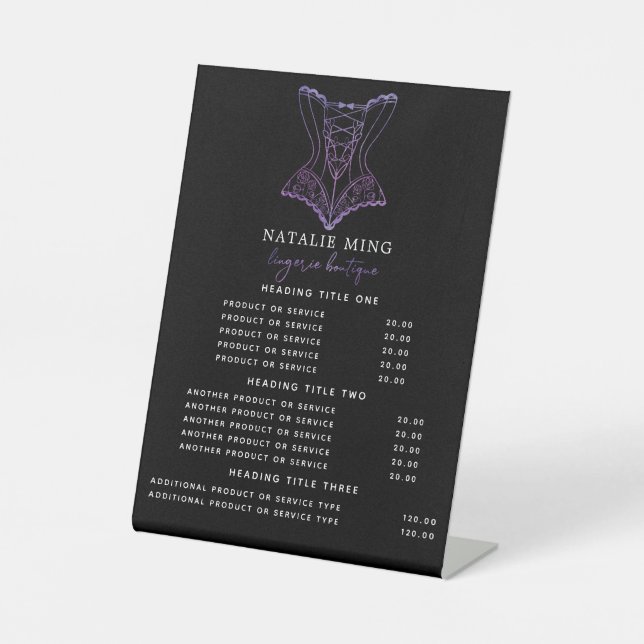 Business Lingerie Boutique Logo Pricing & Services Pedestal Sign (Front)