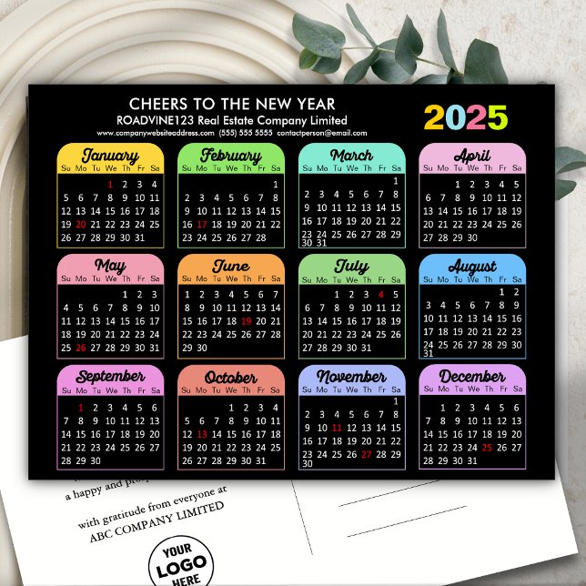 Business Logo 2025 Calendar Modern Black Colourful Holiday Postcard (Creator Uploaded)