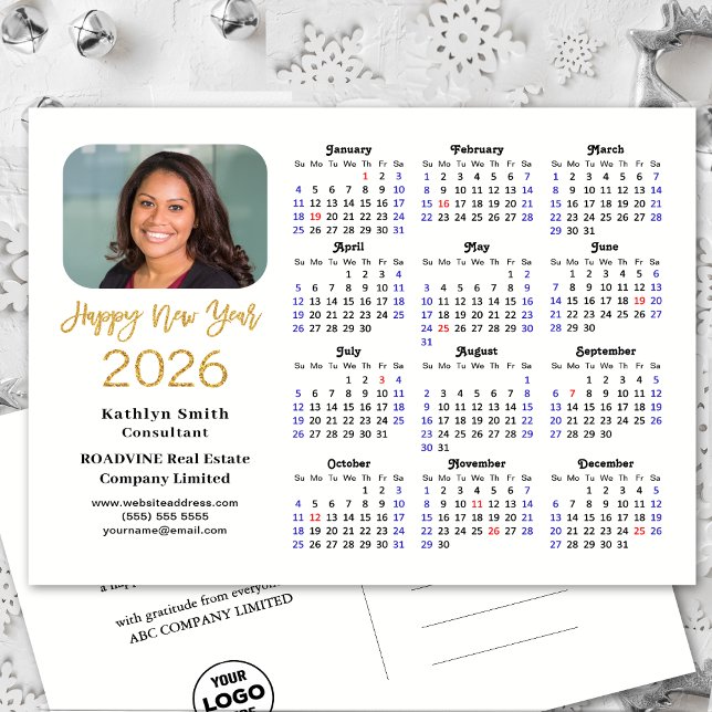 Business Logo 2026 Calendar Modern Gold Glitter Holiday Postcard (Creator Uploaded)