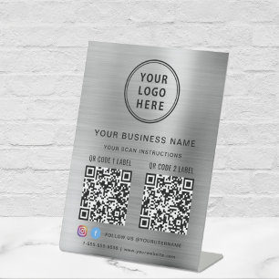 Business Logo 2 QR Codes Social Media Silver Pedestal Sign