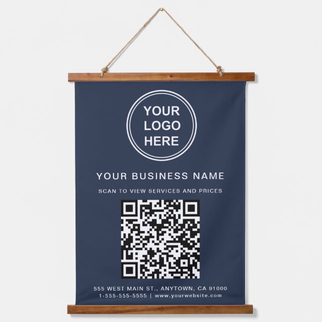 Business Logo and QR Code Blue Hanging Tapestry (Front)