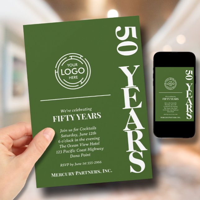 Business Logo Anniversary Green Invitation (Green business anniversary invitations feature your business logo at the top)