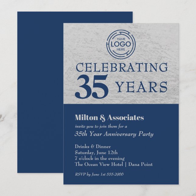 Business Logo Anniversary Navy Silver Invitation (Front/Back)