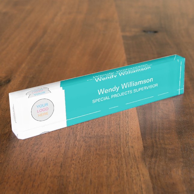 Business Logo Aqua Turquoise Desk Nameplate (Side)