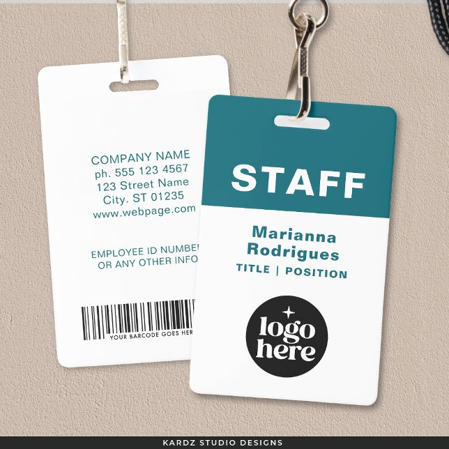 Business Logo Barcode Custom Employee Staff Tag Badge (Front and back are shown. Customize and choose attachment: lanyard, retractable, or metal clip)