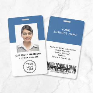 Business Logo Barcode Photo Blue Employee ID  Badge