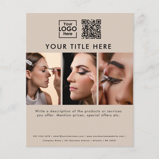 Business Logo Beige Beauty Salon 3 Photos QR Code Flyer (Front)