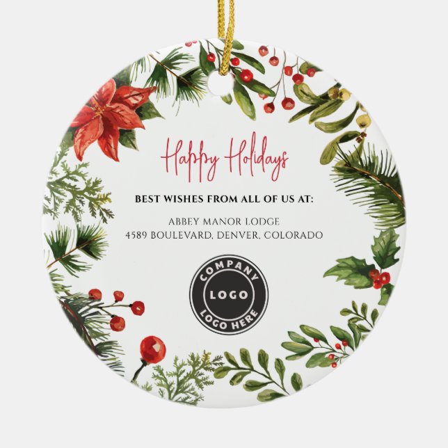 Business Logo Berries Mistletoe Staff Christmas Ceramic Ornament (Front)