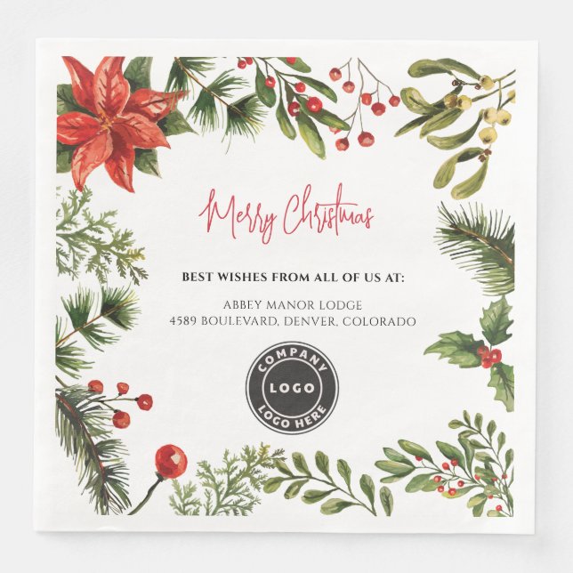 Business Logo Berries Mistletoe Staff Christmas Napkin (Front)