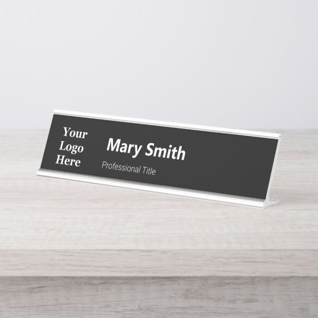 Business Logo Black and White Name Job Title  Desk Name Plate (Front)
