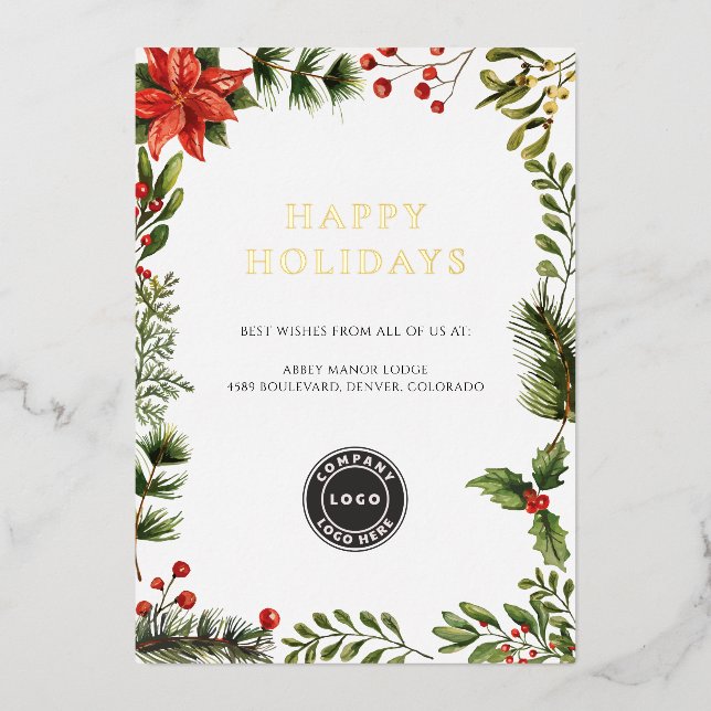 Business Logo Botanical Christmas Foil Holiday Card (Front)