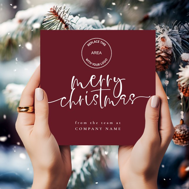 Business Logo Burgundy Merry Christmas Square Holiday Card (Creator Uploaded)
