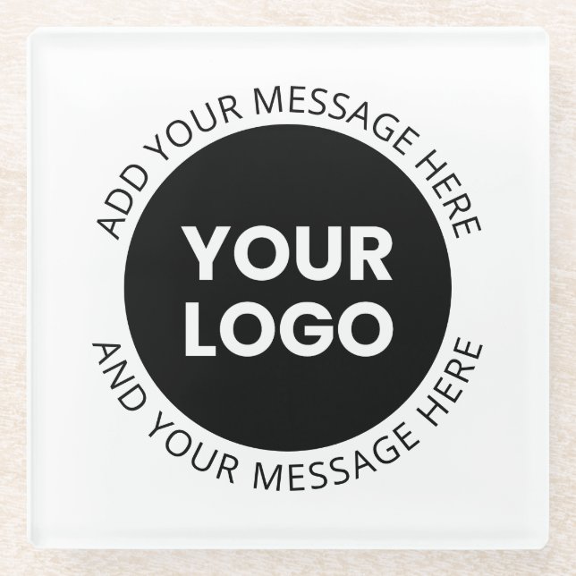 Business Logo & Editable Text  White & Black Glass Coaster (Front)