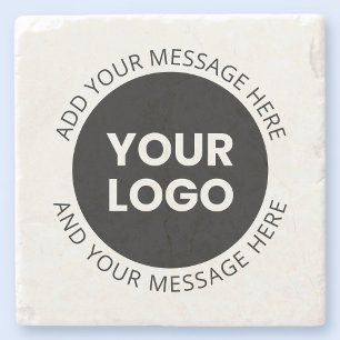 Business Logo & Editable Text White & Black Stone Coaster