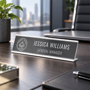 Business Logo Elegant Employee Faux Brushed Black Desk Name Plate