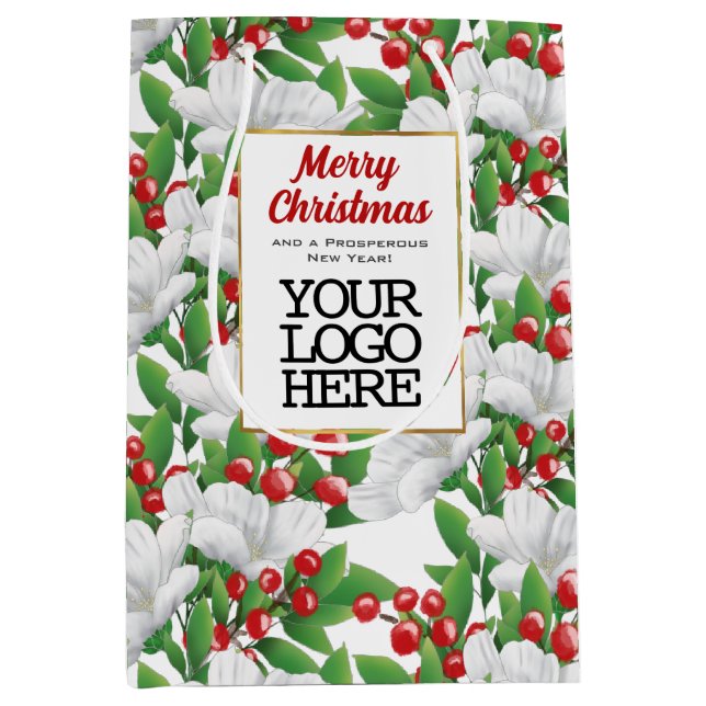 Business Logo Elegant Floral Merry Christmas  Medium Gift Bag (Front)