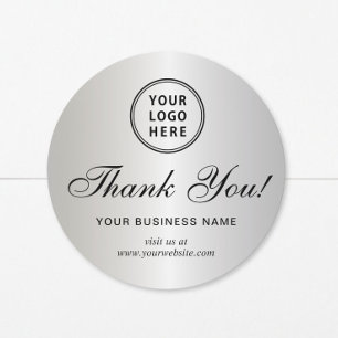 Business Logo Elegant Script Silver Thank You Classic Round Sticker